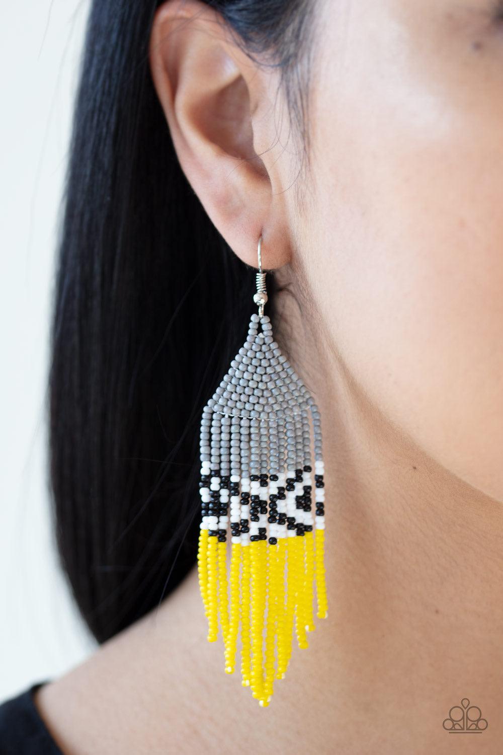 Paparazzi Accessories Beautifully BEADazzling - Silver Strands of gray, black, white, and yellow seed beads vivaciously weave into a checkered beaded fringe. Earring attaches to a standard fishhook fitting. Jewelry