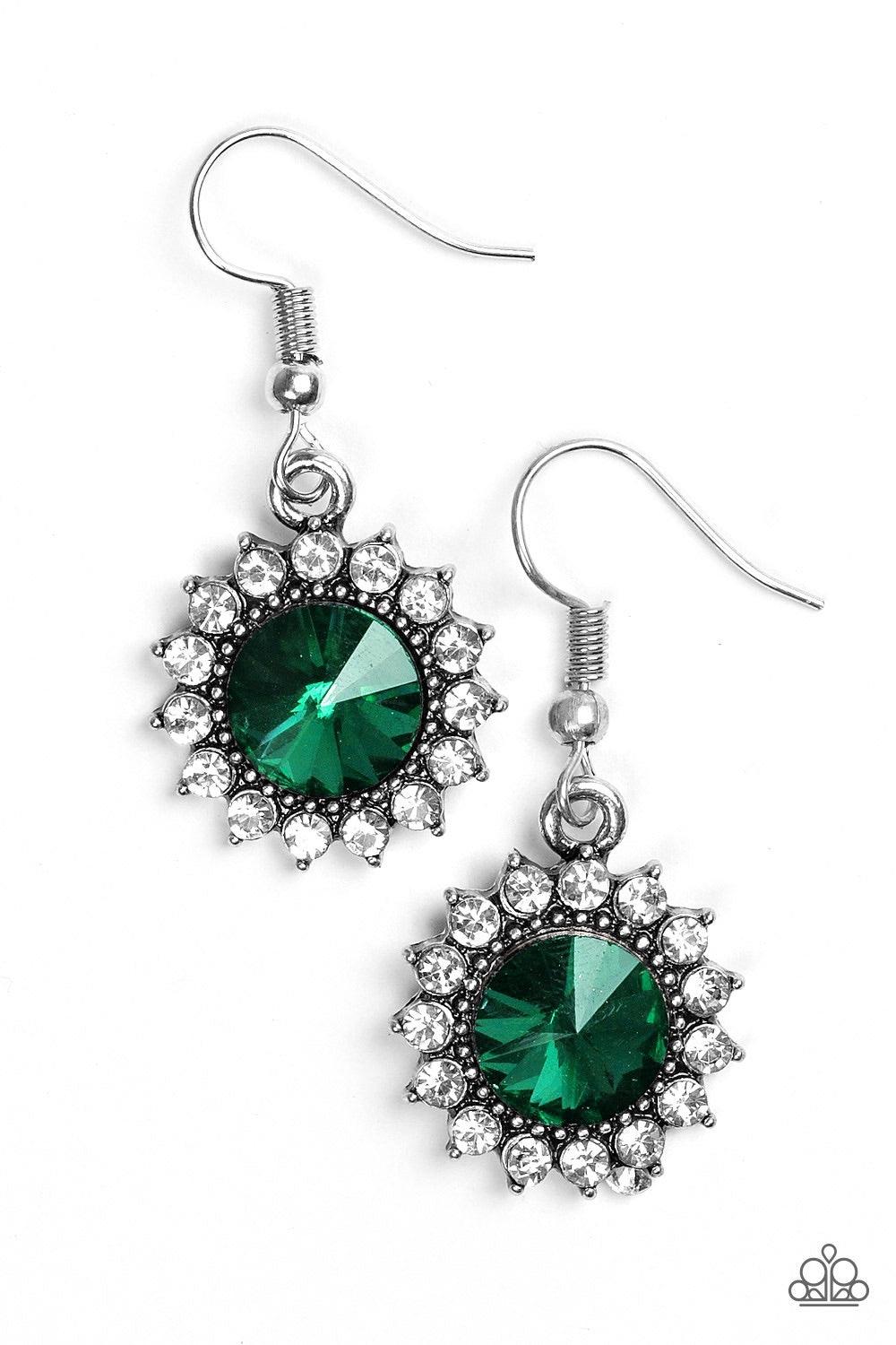 Paparazzi Accessories Bring In The BEAM Team - Green A glittery green rhinestone is pressed into a silver frame radiating with dainty white rhinestones for a glamorous look. Earring attaches to a standard fishhook fitting. Jewelry