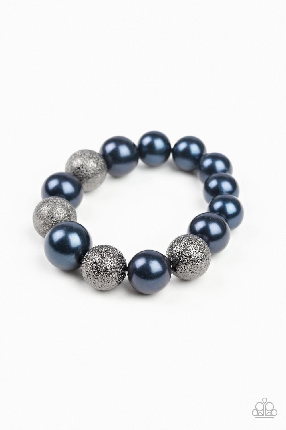 Paparazzi Accessories Humble Hustle - Blue Dusted in glitter, sparkling gunmetal and pearly blue beads are threaded along a stretchy band around the wrist for a glamorous look. Sold as one individual bracelet. Jewelry