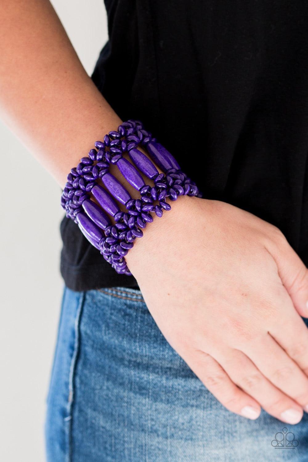 Paparazzi Accessories Barbados Beach Club - Purple A collection of purple wooden beads are threaded along stretchy bands, coalescing into a vivacious beaded palette for a summery look. Jewelry