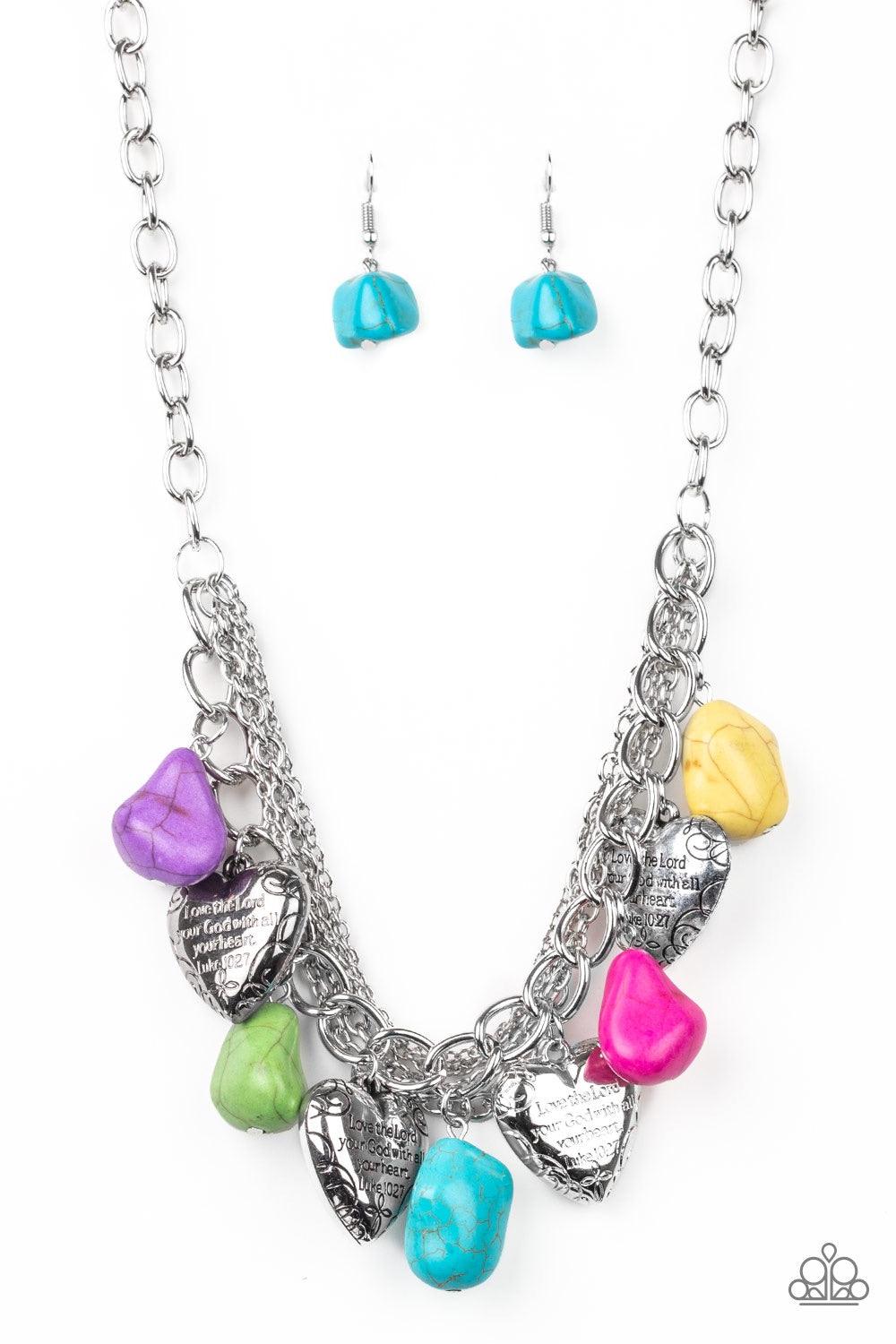 Paparazzi Accessories Change of Heart - Multi Multicolored faux rocks alternate with heart charms along a chunky silver chain. Hearts are inscribed with the phrase "With All My Heart" on one side and a short bible verse on the other that reads, "Love the