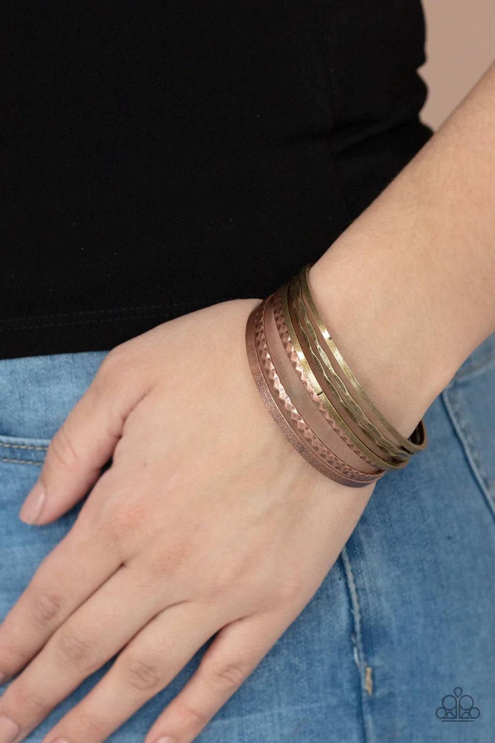 Paparazzi Accessories How Do You Stack Up? - Multi Varying in hammered, diamond-cut, and shiny finishes, a collection of mismatched copper and brass bangles stack across the wrist for an intense industrial look. Sold as one set of seven bracelets. Jewelry