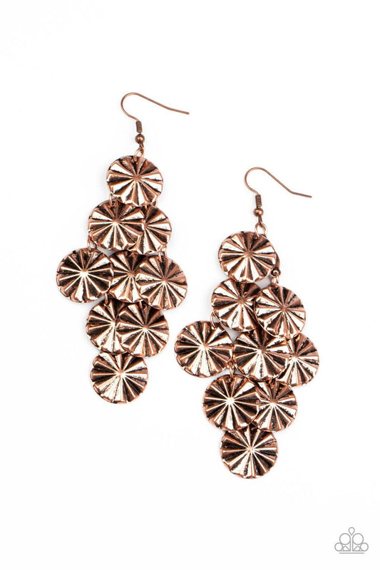 Paparazzi Accessories Star Spangled Shine - Copper Creased in star-like patterns, antiqued copper discs attach to a copper netted backdrop, linking into an edgy lure. Earring attaches to a standard fishhook fitting. Sold as one pair of earrings. Jewelry