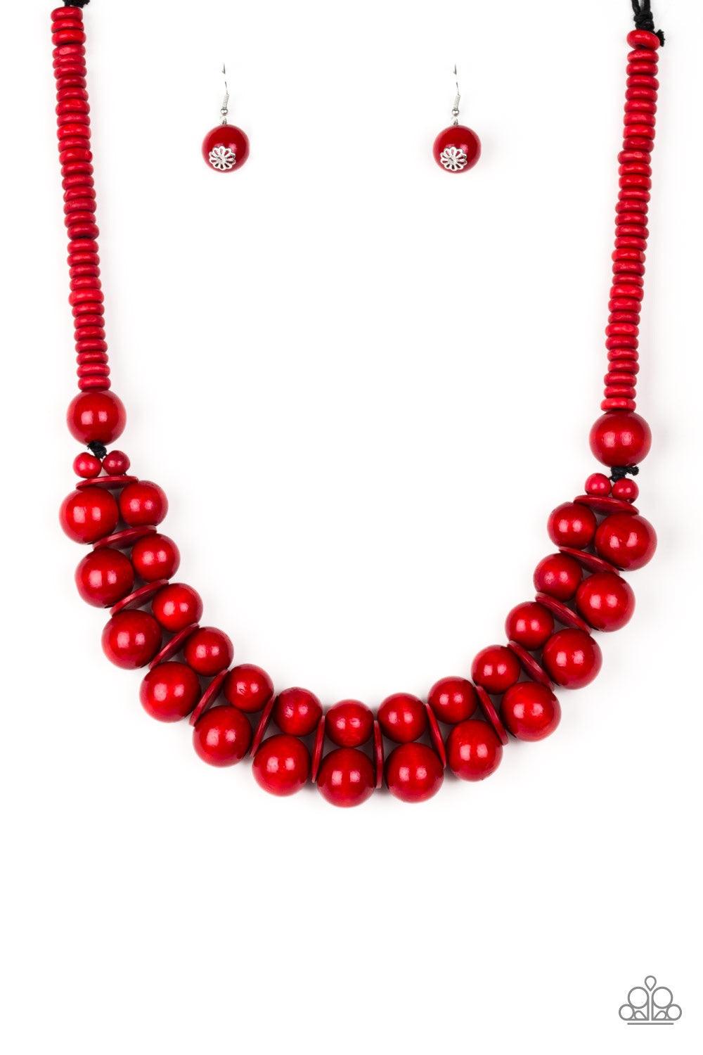 Paparazzi Accessories Caribbean Cover Girl - Red Brushed in a distressed finish, fiery red wooden beads and discs join below the collar for a summery look. Features a button loop closure. Jewelry