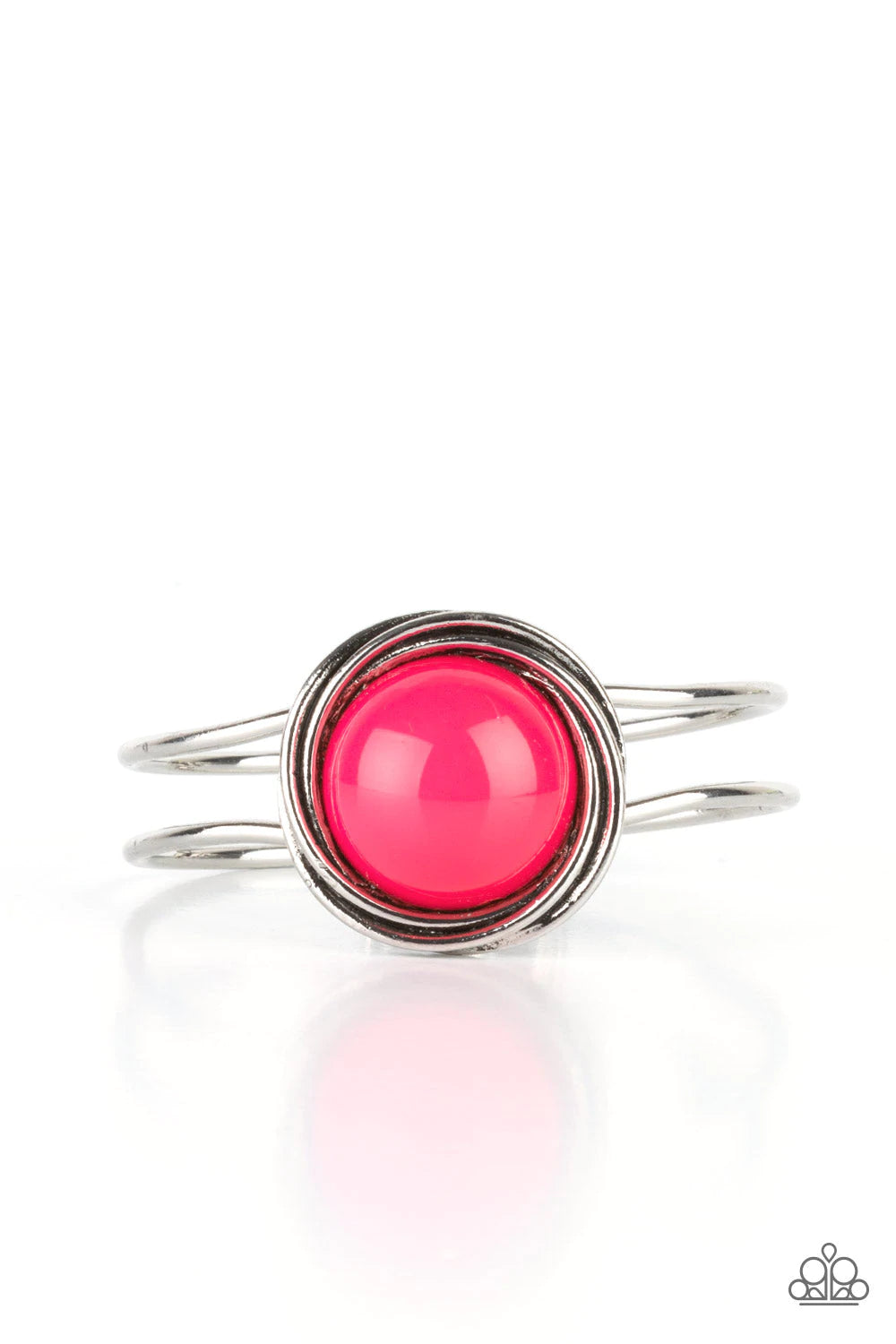 Paparazzi Accessories Take It From The POP! - Pink An oversized Raspberry Sorbet bead is pressed into the center of overlapping silver rings that coalesce into a dizzying centerpiece atop an airy silver bangle-like cuff, creating a bold pop of color atop