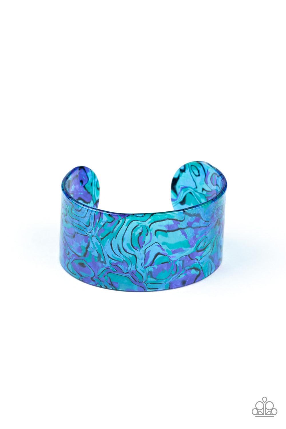 Paparazzi Accessories Cosmic Couture - Blue Featuring a retro watercolor pattern, a thick blue acrylic cuff curls around the wrist for an out-of-this-world colorful look. Sold as one individual bracelet. Jewelry