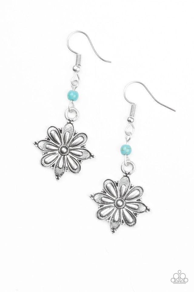 Paparazzi Accessories Cactus Blossom - Blue Brushed in a high-sheen finish, a glistening silver flower frame swings from the bottom of a dainty turquoise stone for a seasonal look. Earring attaches to a standard fishhook fitting. Jewelry