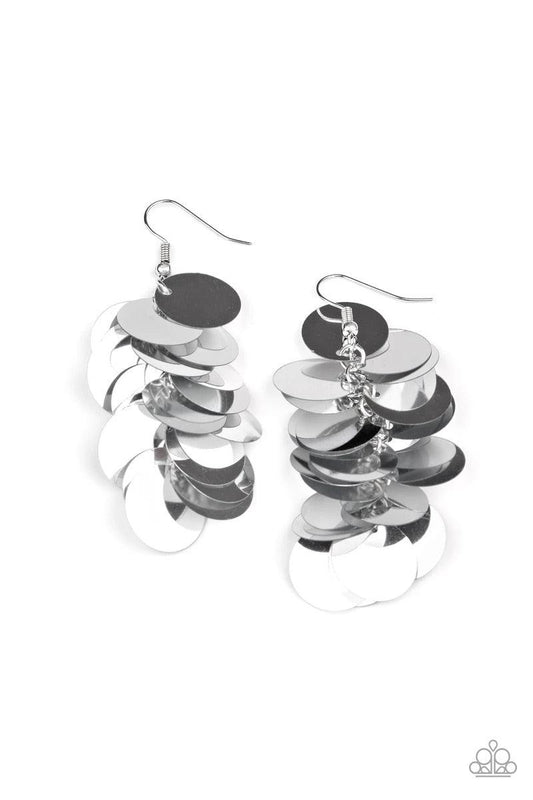 Paparazzi Accessories Now You SEQUIN It! - Silver A cluster of bubbly silver sequins dangle from the ear, creating effortless effervescence. Earring attaches to a standard fishhook fitting. Sold as one pair of earrings. Jewelry