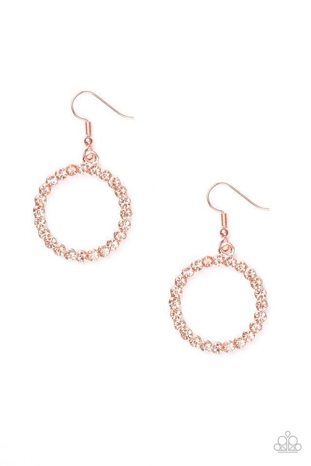 Paparazzi Accessories Bubblicious - Copper Glittery rhinestones are encrusted along a circular shiny copper frame, creating a bubbly frame. Earring attaches to a standard fishhook fitting. Jewelry