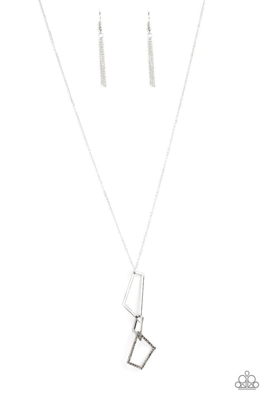 Paparazzi Accessories Shapely Silhouette - Silver A mismatched collection of smoky rhinestone encrusted and silver trapezoid frames connect at the bottom of a lengthened silver chain, creating an abstract pendant. Features an adjustable clasp closure. Sol