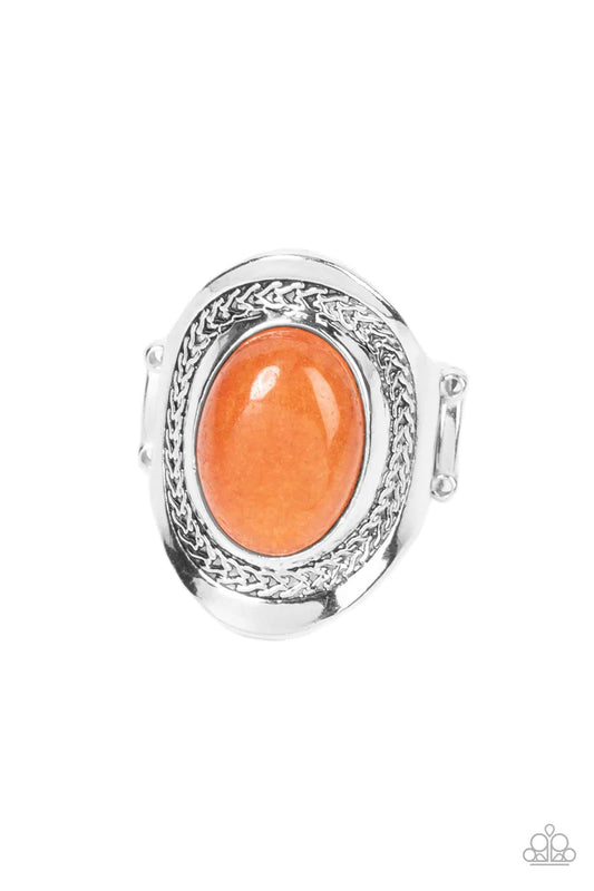 Paparazzi Accessories Rockable Refinement - Orange Bordered in a frame of chain-like details, an oval carnelian stone is pressed into the center of an oval silver frame as it folds around the finger for an enchantingly earthy look. Features a stretchy ban