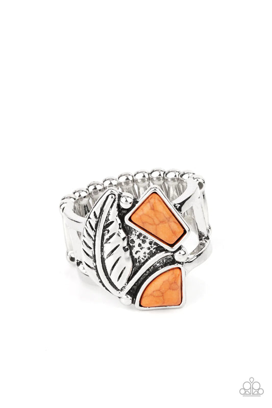 Paparazzi Accessories Make the NEST of It - Orange Asymmetrical orange stones adorn the front of an antiqued silver frame adorned in a silver feather, creating a rustic centerpiece atop the finger. Features a stretchy band for a flexible fit. Sold as one