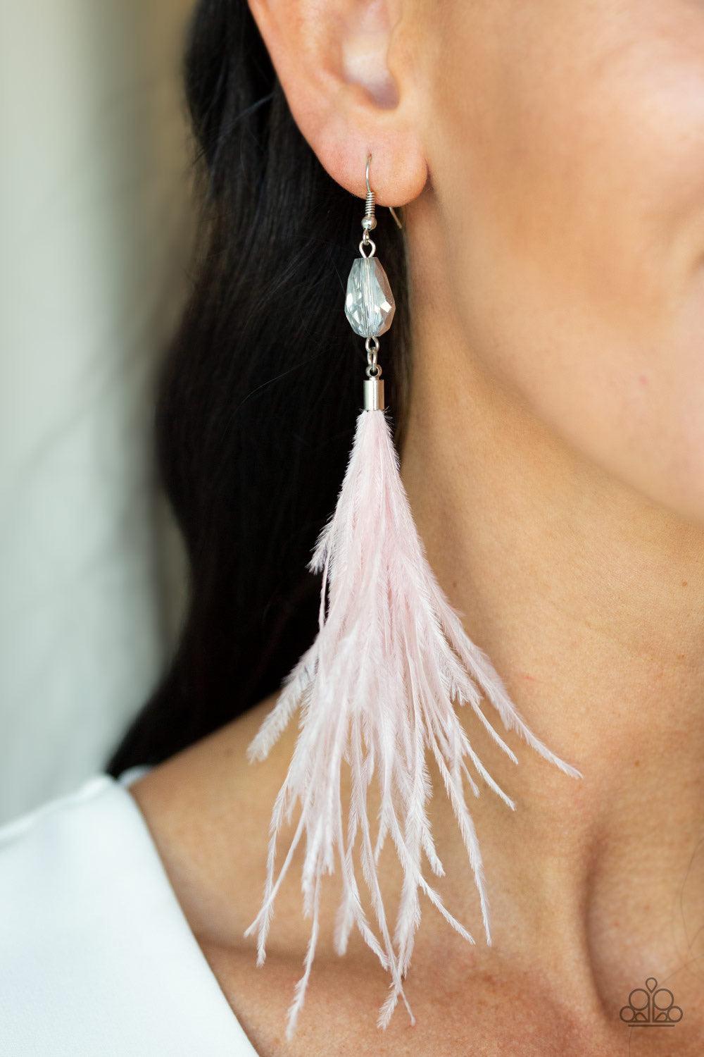 Paparazzi Accessories Showgirl Showcase - Pink A plume of pink feathers flare out from the bottom of a faceted hematite bead, creating a glamorous tassel. Earring attaches to a standard fishhook fitting. Jewelry