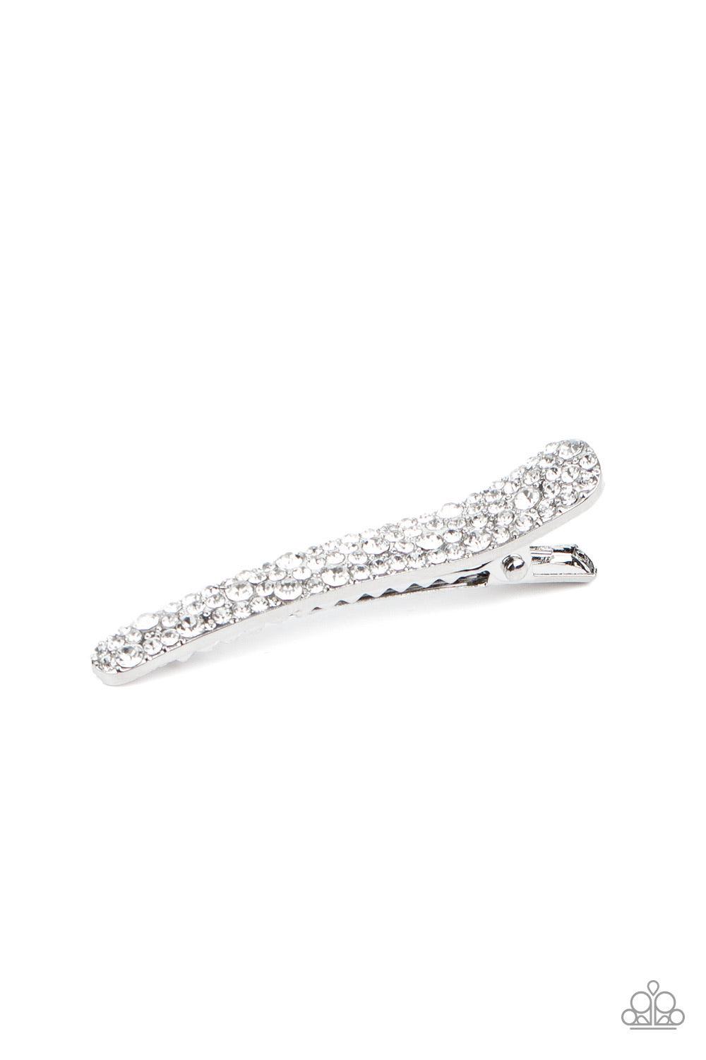 Paparazzi Accessories Wish you were HAIR - White Varying in size, dainty white rhinestones adorn the front of a glistening silver frame for a timeless look. Features a standard hair clip. Sold as one individual hair clip. Hair Accessories