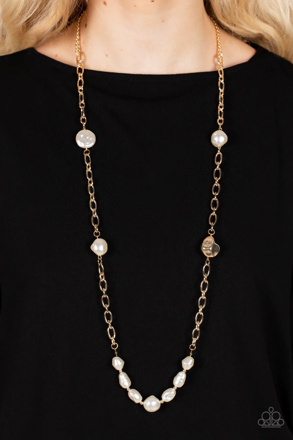 Paparazzi Accessories Pardon My FABULOUS - Gold Infused with dainty gold beads, an elegant collection of imperfect white pearls and gold beads asymmetrically adorn a substantial gold chain across the chest for an effortless elegance. Features an adjustabl