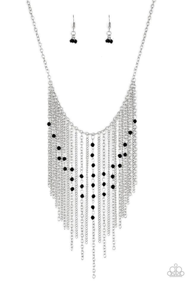 Paparazzi Accessories First Class Fringe - Black Varying in length, mismatched silver chains stream from the bottom of a classic silver chain. Faceted black crystal-like beads sporadically dot the free-falling chains, creating a statement-making fringe be