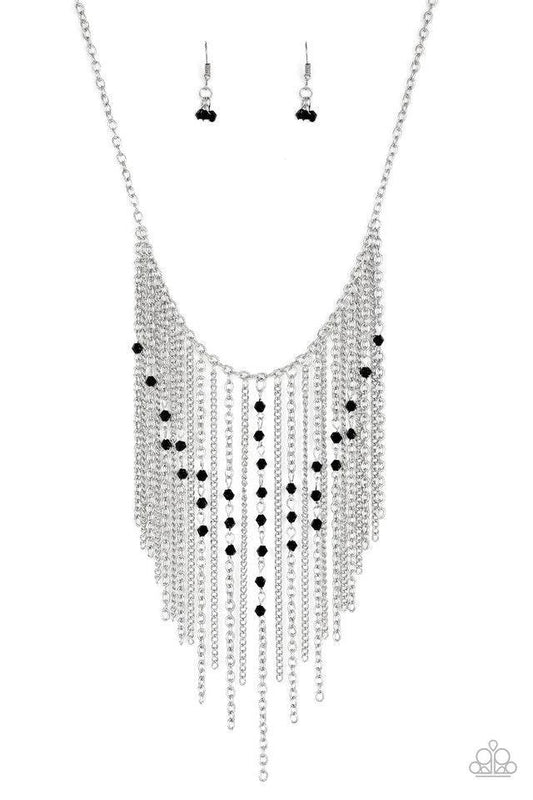 Paparazzi Accessories First Class Fringe - Black Varying in length, mismatched silver chains stream from the bottom of a classic silver chain. Faceted black crystal-like beads sporadically dot the free-falling chains, creating a statement-making fringe be