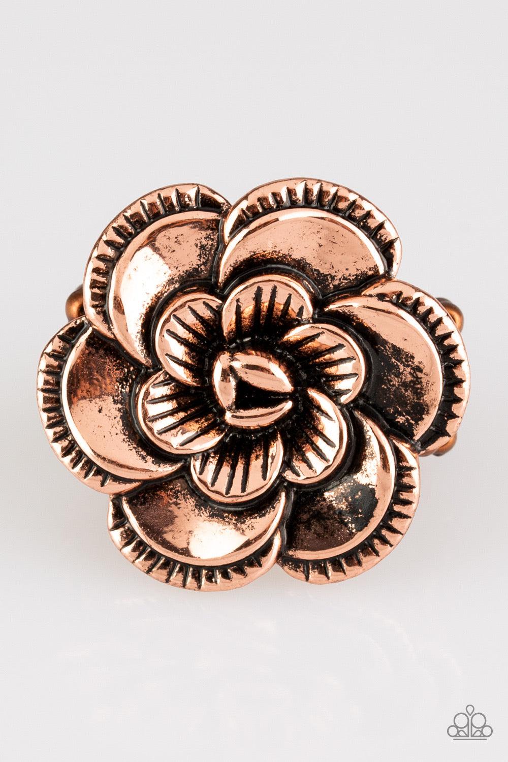 Paparazzi Accessories FLOWERBED and Breakfast - Copper Rippling in ornate detail, folds of copper petals bloom atop the finger for a seasonal look. Features a stretchy band for a flexible fit. Sold as one individual ring. Jewelry