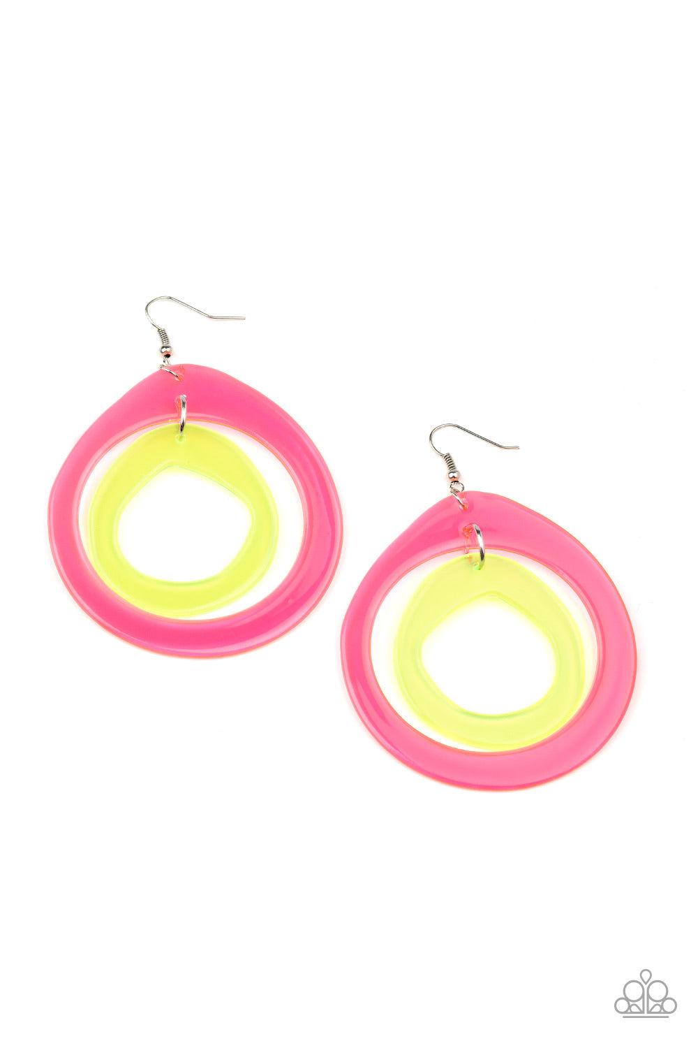 Paparazzi Accessories Show Your True NEONS - Multi Featuring asymmetrical shapes, neon pink and yellow acrylic hoops link into a dizzying lure for an out-of-this-world experience. Earring attaches to a standard fishhook fitting. Sold as one pair of earrin