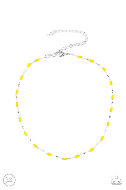 Paparazzi Accessories Urban Expo - Yellow Dainty silver beads and cylindrical Illuminating beads delicately link around the neck, creating a minimalist inspired pop of color. Features an adjustable clasp closure. Sold as one individual choker necklace. In