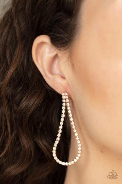 Paparazzi Accessories Diamond Drops - Gold Infused with sleek gold fittings, a strand of glittery white rhinestones loops in a teardrop frame for a glamorous look. Earring attaches to a standard post fitting. Jewelry
