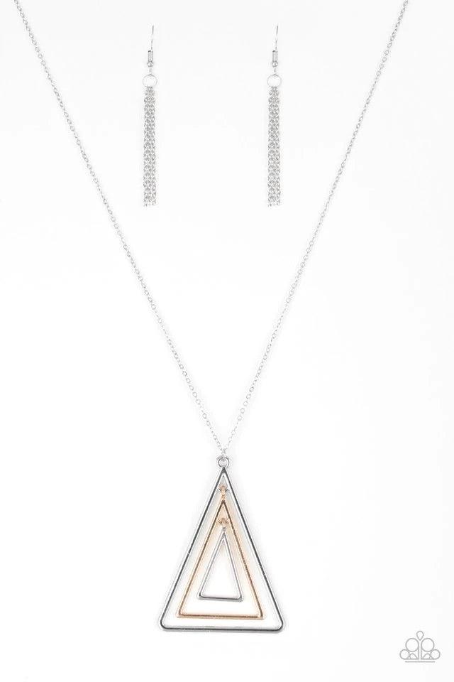 Paparazzi Accessories TRI Harder - Silver Infused with an elongated silver chain, glistening gold and silver triangular frames layer into a gorgeously stacked pendant for an edgy look. Features an adjustable clasp closure. Sold as one individual necklace.