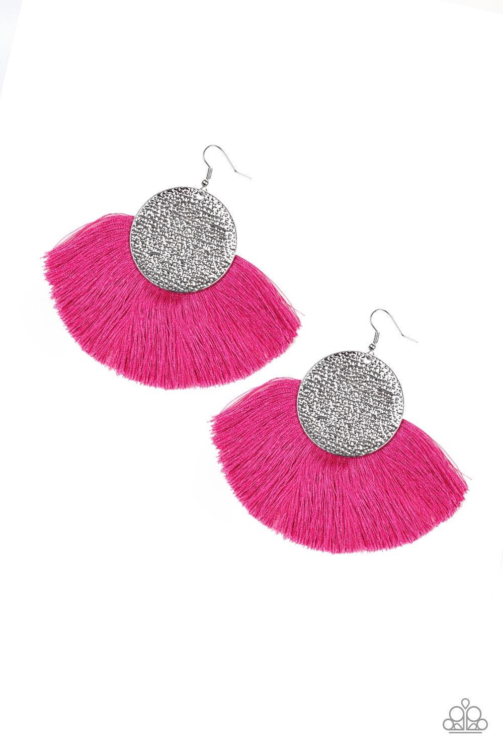 Paparazzi Accessories Foxtrot Fringe - Pink A fan of shiny pink thread flares out from the bottom of a hammered silver disc, creating a foxy fringe. Earring attaches to a standard fishhook fitting. Jewelry