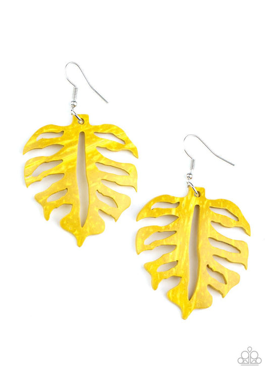 Paparazzi Accessories Shake Your Palm Palms - Yellow Painted in a distressed yellow finish, an airy palm leaf frame swings from the ear for a colorfully seasonal look. Earring attaches to a standard fishhook fitting. Sold as one pair Jewelry