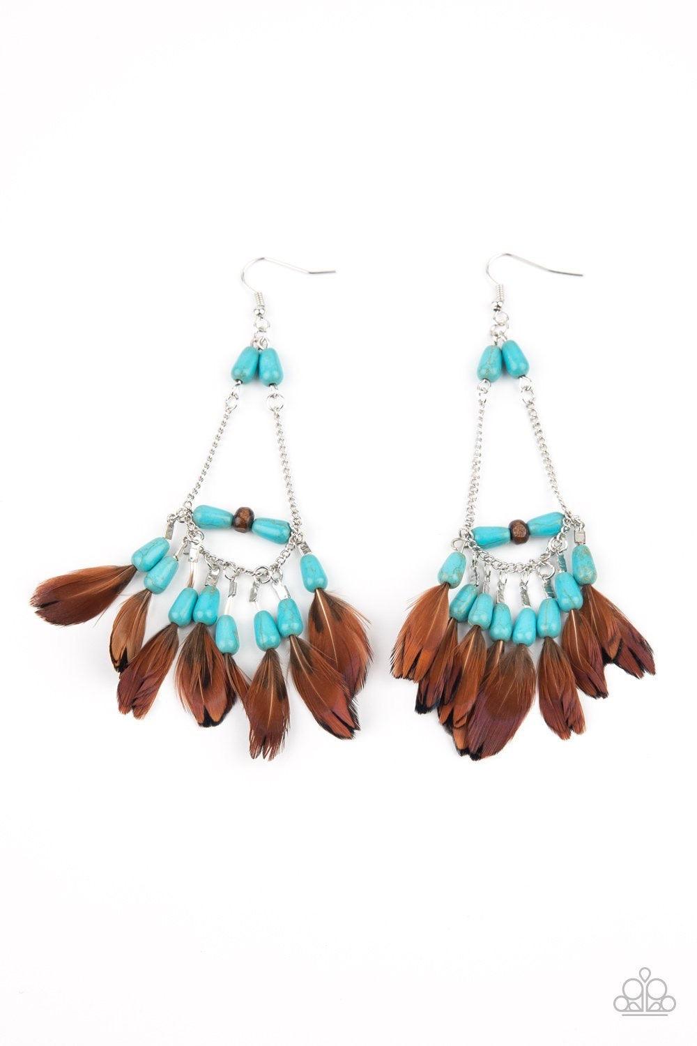 Paparazzi Accessories Haute Hawk - Blue Infused with a wooden accent, an earthy assortment of teardrop turquoise stone beads and dainty brown feathers create a free-spirited fringe at the bottom of a shimmery silver chain teardrop for a wildly wonderful f