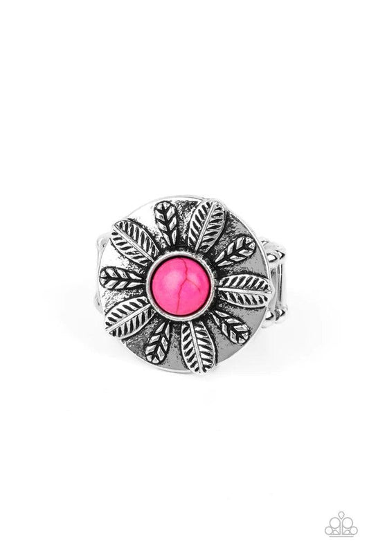 Paparazzi Accessories PALMS Reader - Pink An alternating collection of silver feathers and palm leaves fan out from a vivacious pink stone center atop a silver disc, creating a colorful display atop the finger. Features a stretchy band for a flexible fit.