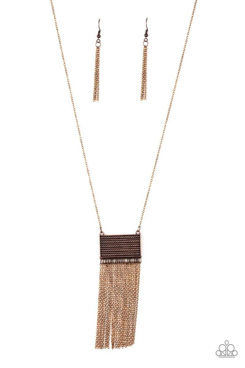 Paparazzi Accessories Totally Tasseled - Copper Radiating with glistening copper textures, a rectangular frame gives way to a dainty copper chain tassel for a seasonal look. Features an adjustable clasp closure. Sold as one individual necklace. Includes o