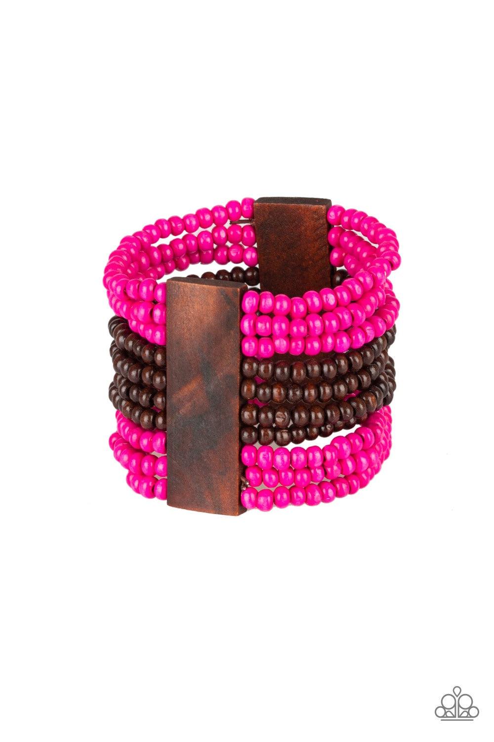 Paparazzi Accessories JAMAICAN Me Jam - Pink Infused with rectangular wooden beads, a collection of pink and brown wooden beads are threaded along stretchy bands for a summery flair. Jewelry