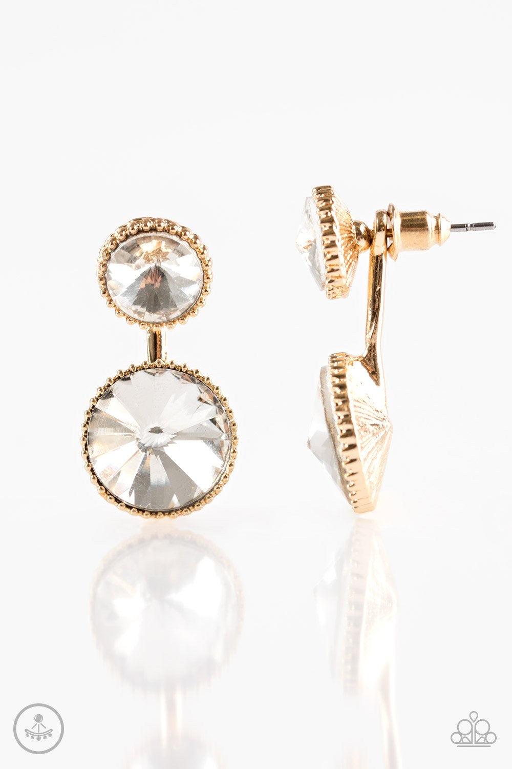 Paparazzi Accessories Bling Squad - Gold A dramatic white rhinestone swings from the bottom of a slightly smaller rhinestone, creating a glamorous lure. Earring attaches to a standard post fitting. Jewelry