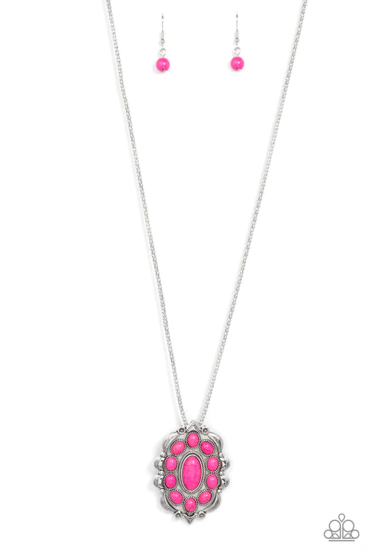 Paparazzi Accessories Mojave Medallion - Pink Vivacious pink oval stones embellish the front of a decoratively scalloped silver frame, creating an earthy floral pendant at the bottom of an extended silver popcorn chain. Features an adjustable clasp closur