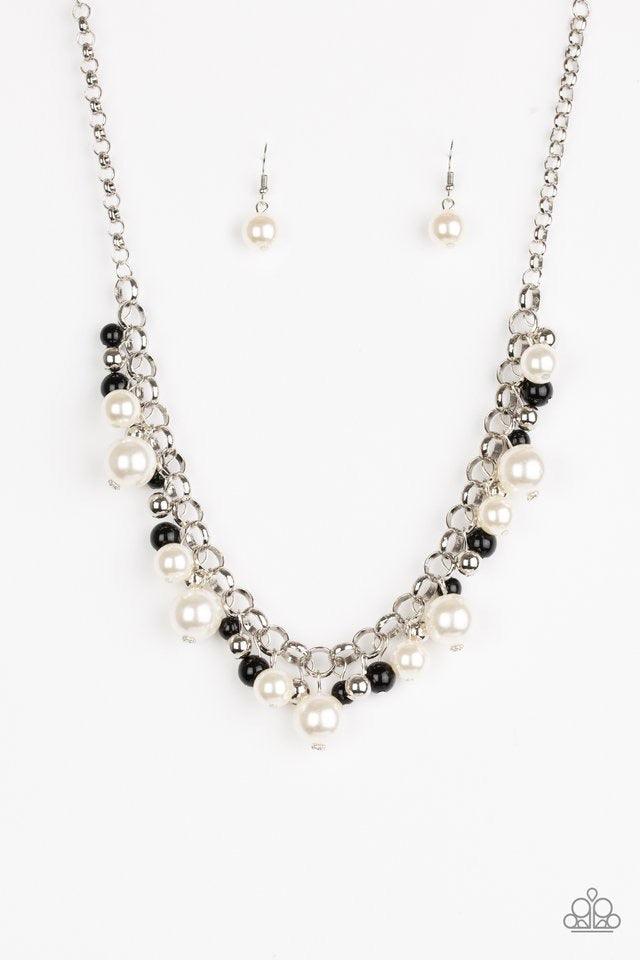 Paparazzi Accessories The Upstater - Black Varying in size, bubbly white pearls, classic silver beads, and shiny black beads swing from the bottom of a glistening silver chain, creating a refined fringe below the collar. Features an adjustable clasp closu