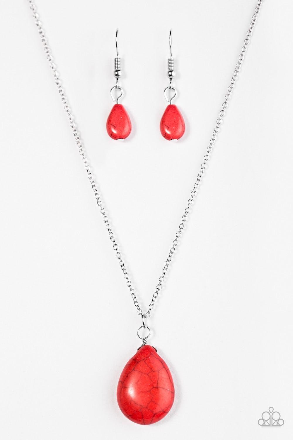 Paparazzi Accessories Stone Solo - Red Chiseled into a tranquil teardrop, a bright red stone swings from the bottom of a silver chain, creating an earthy pendant below the collar. Features an adjustable clasp closure. Jewelry