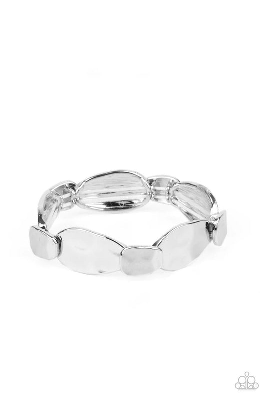 Paparazzi Accessories Absolutely Appliqué - Silver Hammered in shimmery details, asymmetrical shiny silver frames delicately overlap along stretchy bands around the wrist for an artisan inspired look. Sold as one individual bracelet. Jewelry