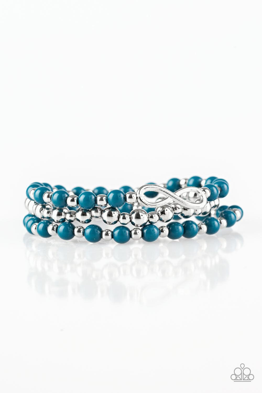 Paparazzi Accessories Immeasurably Infinite -Blue Refreshing blue and shiny silver beads are threaded along stretchy bands, creating colorful layers around the wrist. A dainty silver infinity charm adorns one strand for a whimsical finish. Sold as one set