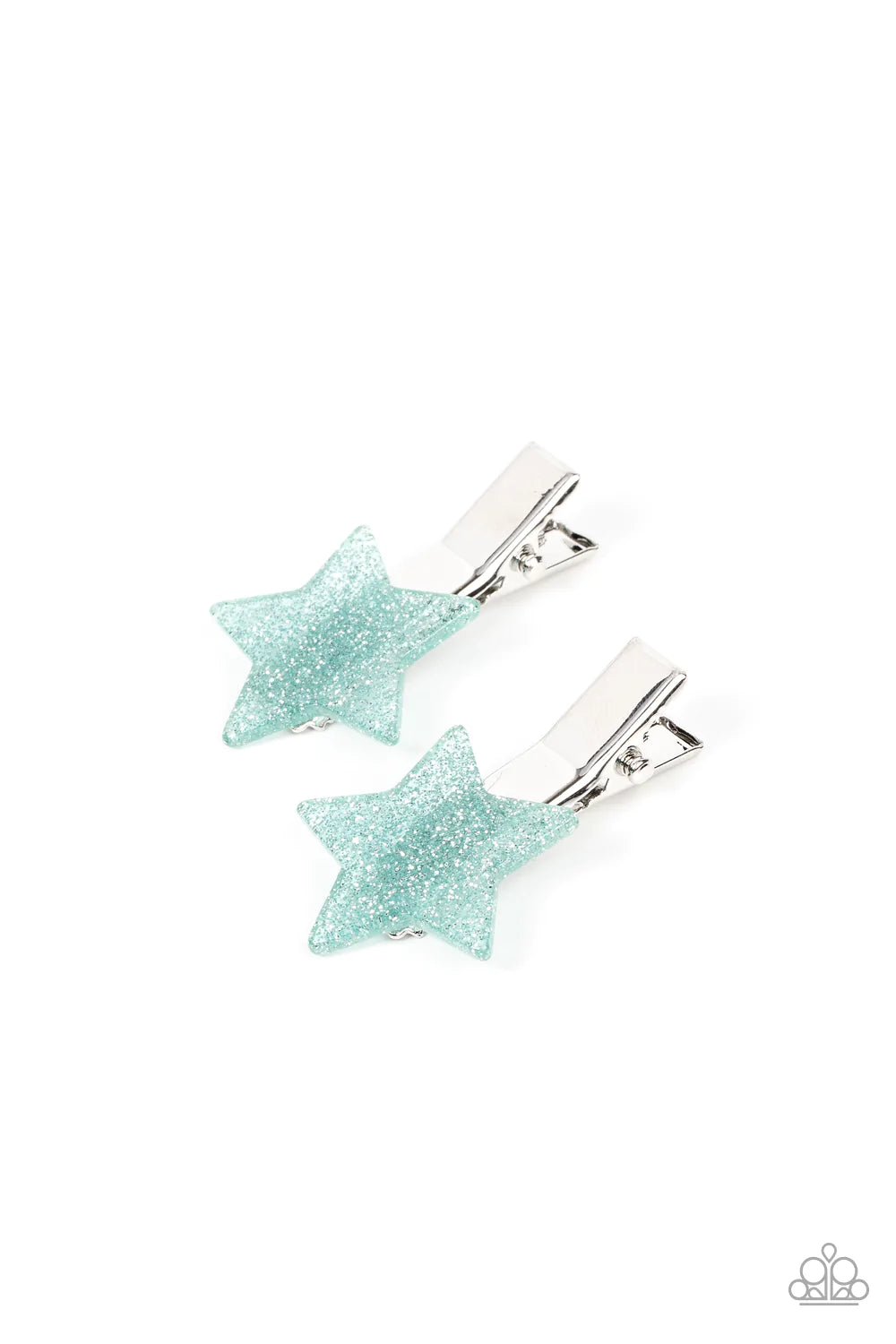 Paparazzi Accessories Sparkly Star Chart - Blue Sprinkled in glitter, a pair of blue acrylic stars pull back the hair for a stellar fashion. Features standard hair clips on the back. Sold as one pair of hair clips. Hair Pins