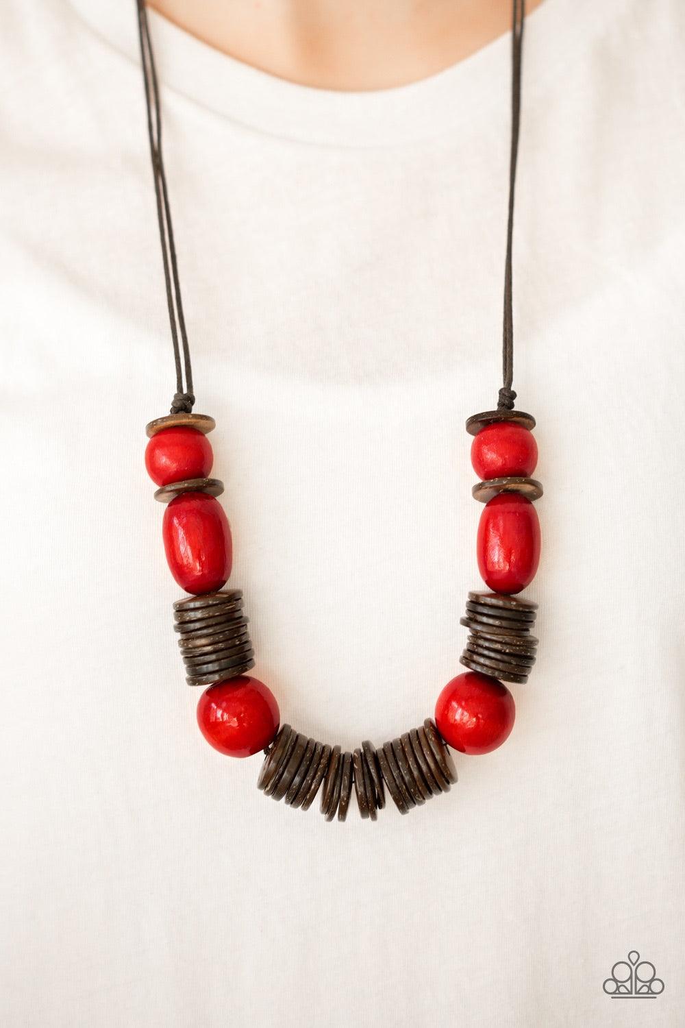 Paparazzi Accessories You Better BELIZE It - Red Brushed in a vibrant finish, red wooden beads and brown wooden discs are threaded along shiny brown cording for a summery look. Features an adjustable sliding knot closure. Jewelry