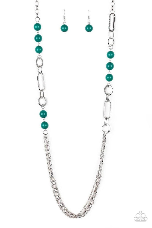 Paparazzi Accessories CACHE Me Out - Green A collection of glassy and polished green beads give way to layers of mismatched silver chain for a whimsical look. Features an adjustable clasp closure. Sold as one individual necklace. Includes one pair of matc