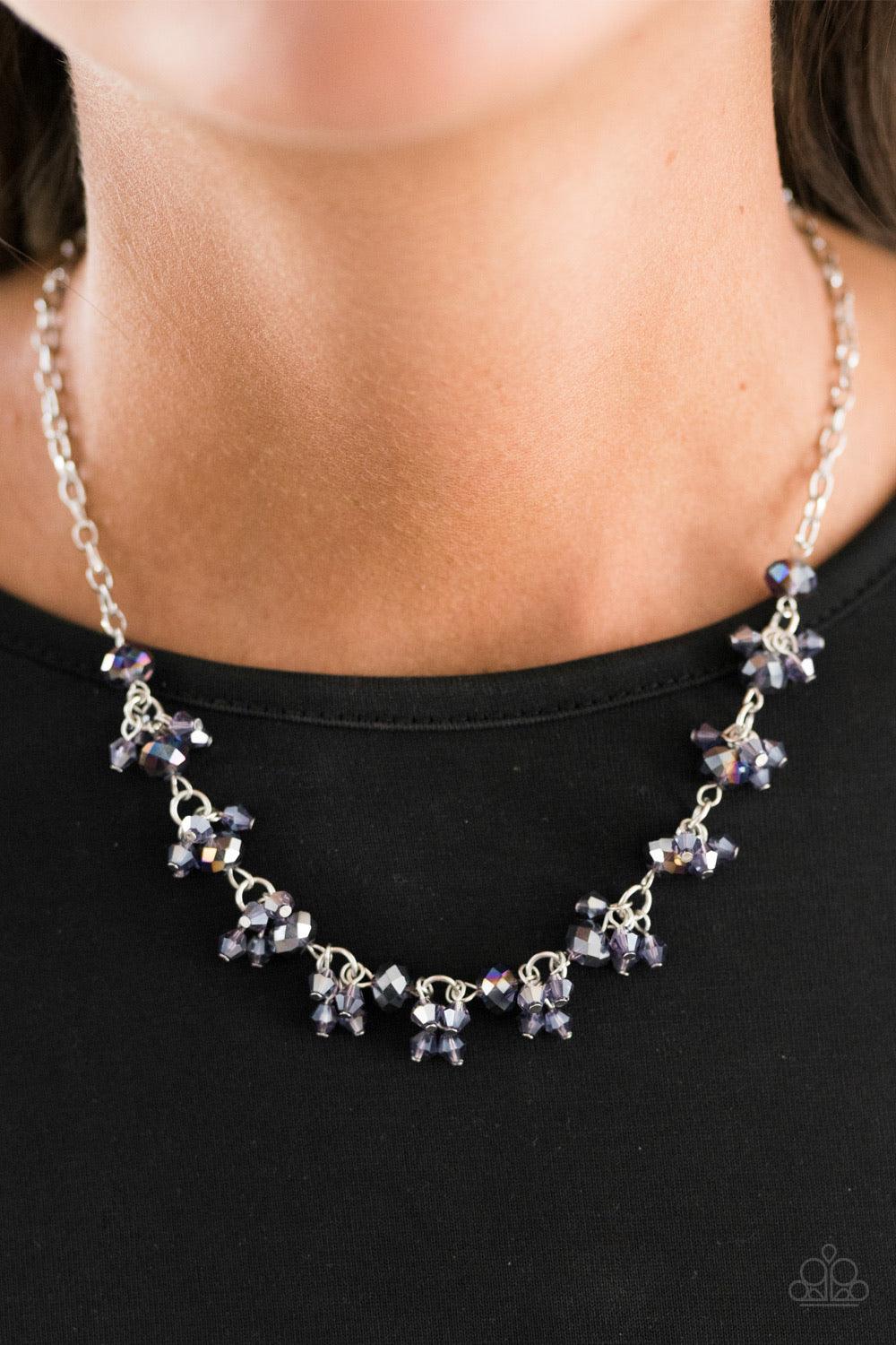 Paparazzi Accessories Leading STARLIGHT - Purple Glassy and faceted purple crystal beading trickles along a silver chain, creating a dramatic fringe below the collar. Featuring elegant pear-shaped cuts, iridescent crystals cluster atop the glassy gems for