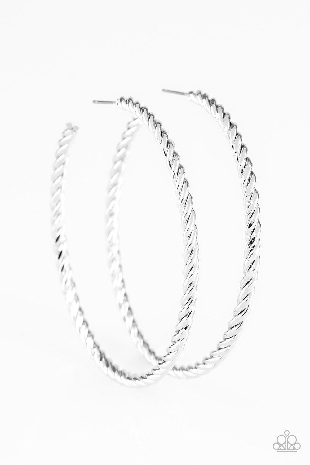 Paparazzi Accessories Keep It Chic - Silver A twisted shiny silver hoop curls around the ear for a casual look. Earring attaches to a standard post fitting. Hoop measures 2 1/4" in diameter. Sold as one pair of hoop earrings. Jewelry