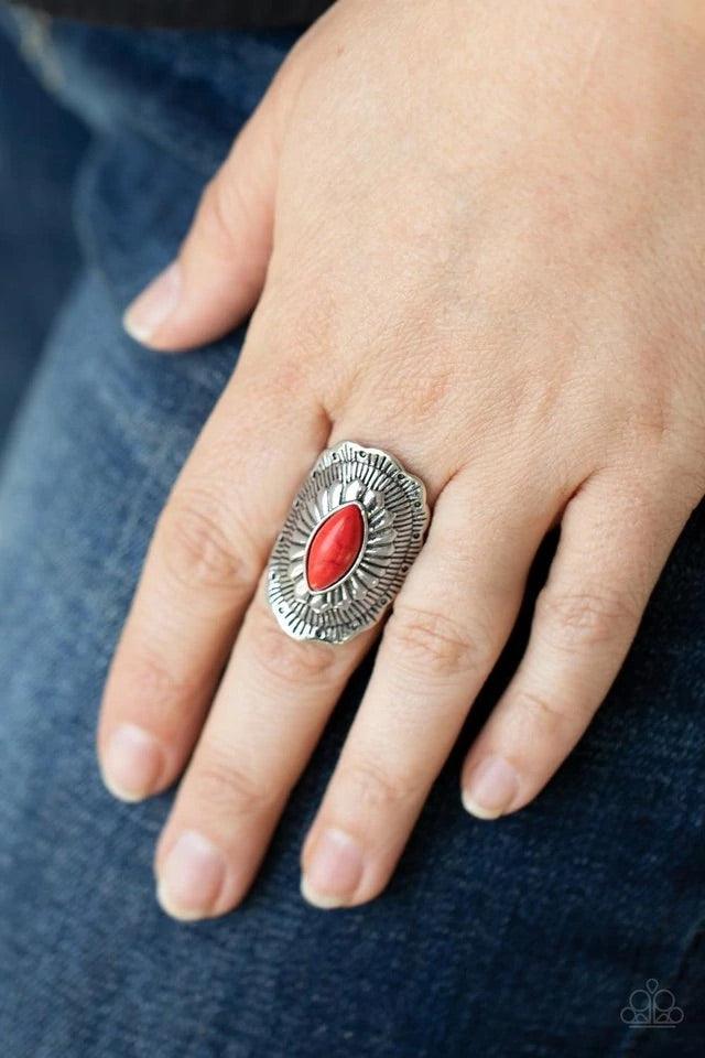 Paparazzi Accessories Ornamental Allure - Red Featuring a marquise shaped red stone, an ornately engraved silver frame makes a dramatic backdrop creating an eye-catching statement atop the finger. Features a stretchy band for a flexible fit. Jewelry