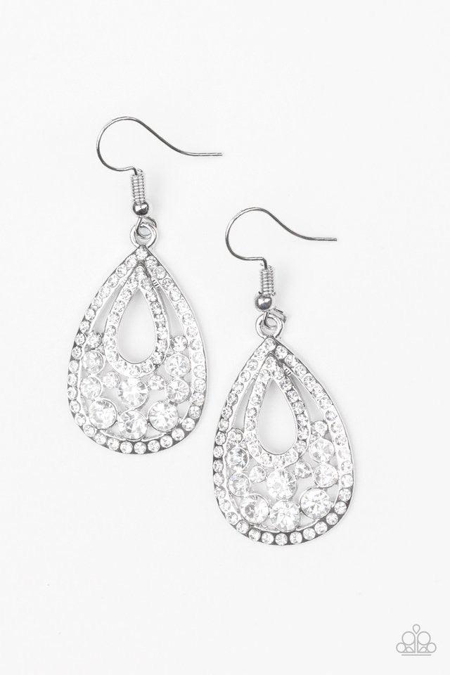 Paparazzi Accessories Sparkling Stardom - White Encrusted in glassy white rhinestones, shimmery silver bars swoop into a glittery teardrop frame. Sparkling white rhinestones are sprinkled across the airy frame for a refined finish. Earring attaches to a s