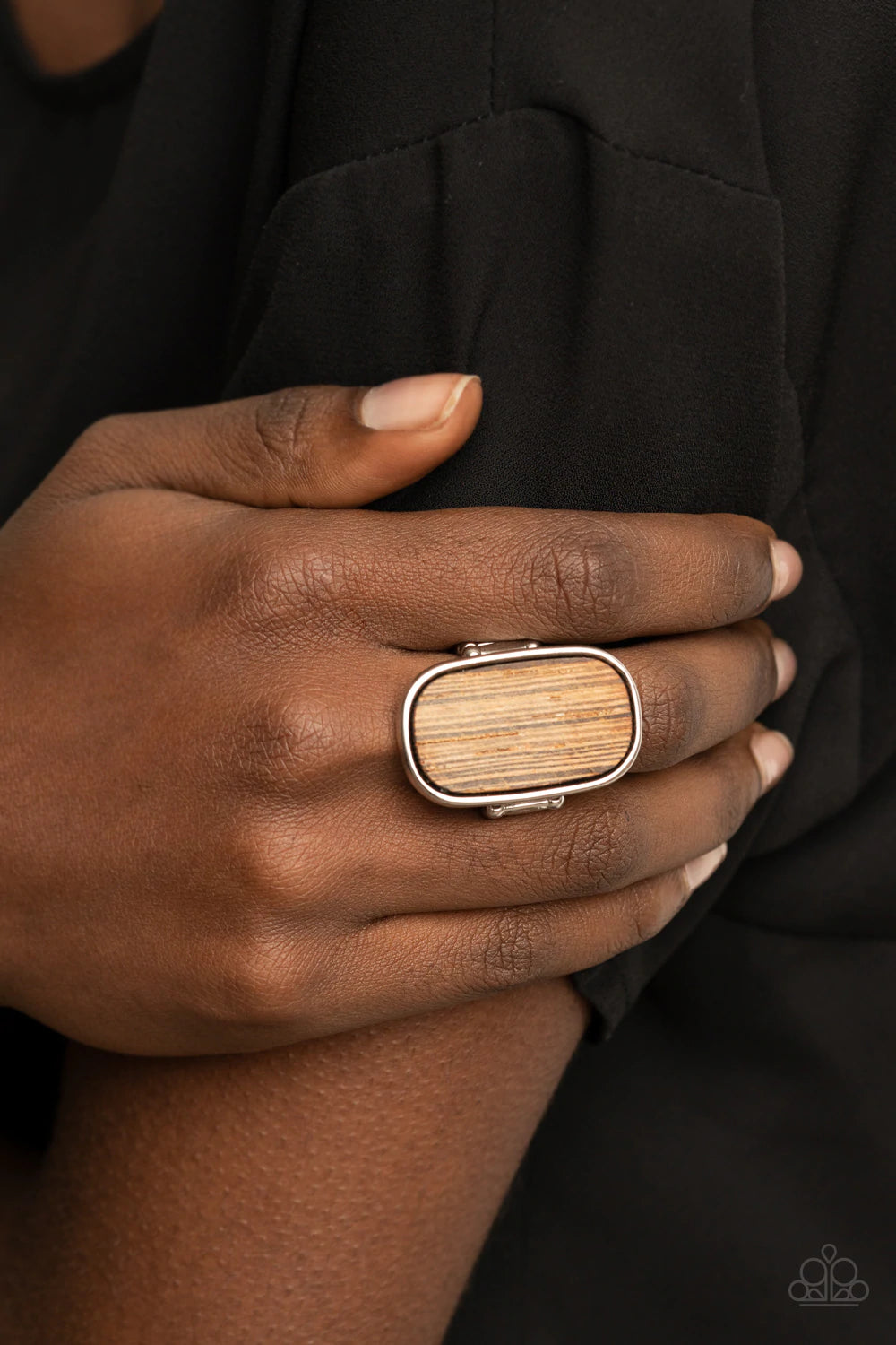 Paparazzi Accessories Reclaimed Refinement - Brown Encased in a sleek silver frame, a rustic piece of wood sits atop the finger for an unexpected refinement. Features a stretchy band for a flexible fit. Sold as one individual ring. Jewelry