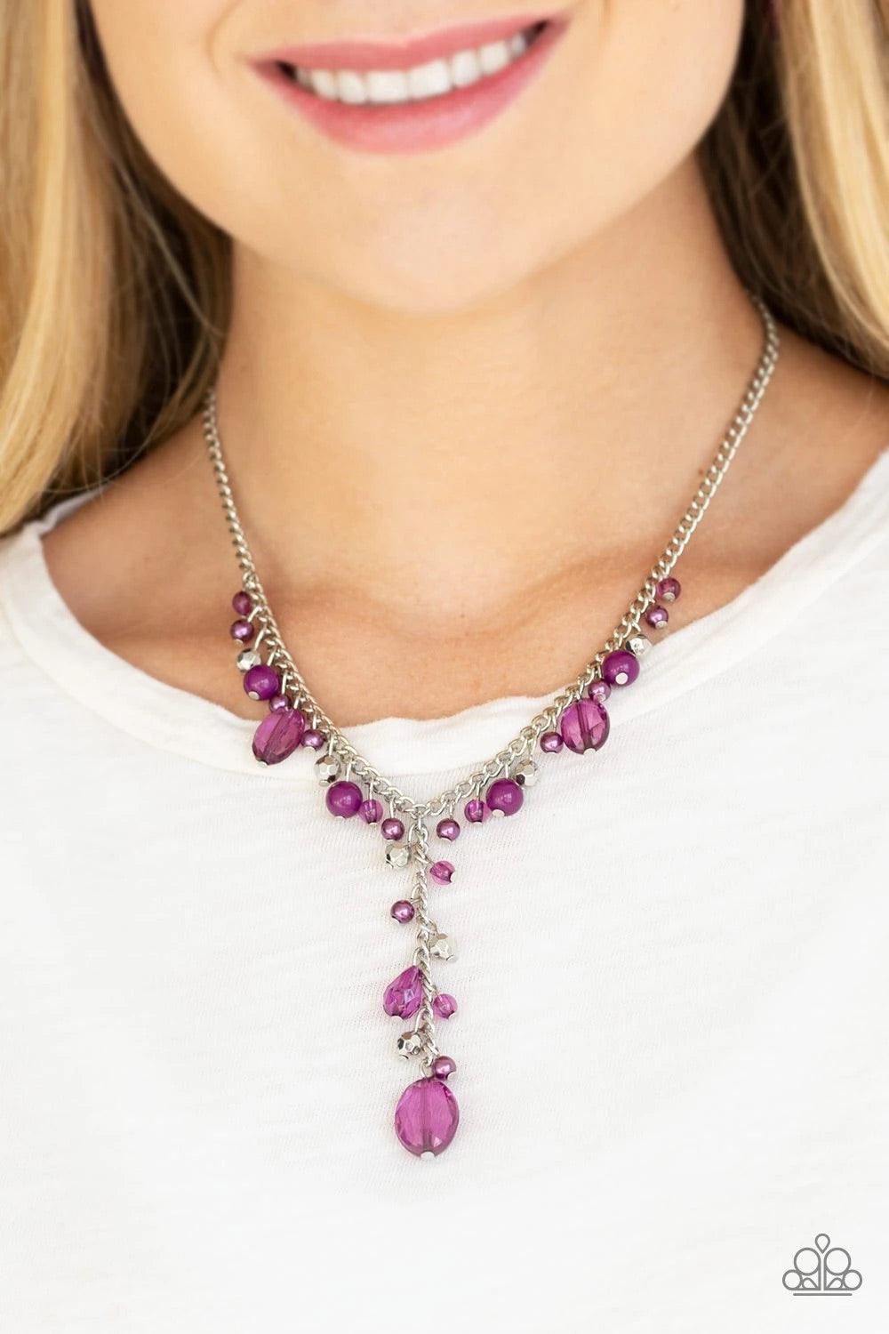 Paparazzi Accessories Crystal Couture - Purple Mismatched polished purple beads, crystal-like beads, and faceted silver beads dance along a shimmery silver chain. Matching beading trickles along a single silver chain, creating a romantic extended pendant