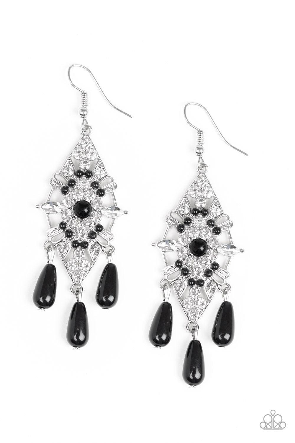Paparazzi Accessories Majestic Mood - Black Dotted with dainty black beads, a silver kite-shaped frame is encrusted in glassy white rhinestones. Shiny black beads swing from the bottom of the sparkling frame for a refined flair. Earring attaches to a stan