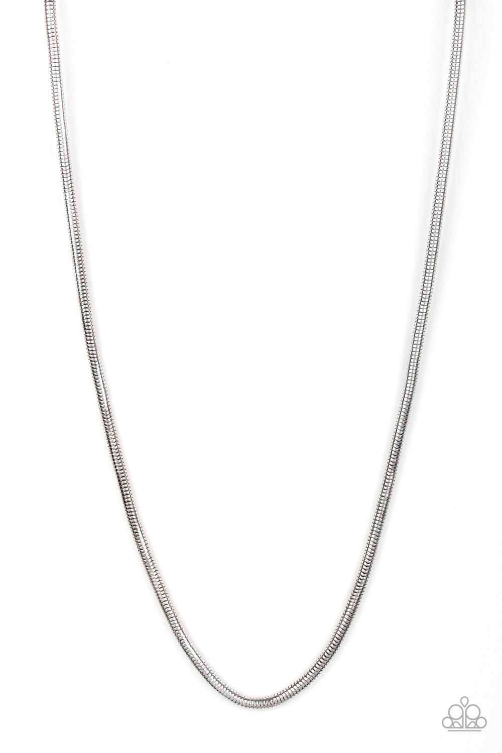 Paparazzi Accessories Victory Lap - Silver Brushed in a high-sheen shimmer, a rounded silver snake chain drapes across the chest for a sleek look. Features an adjustable clasp closure. Jewelry