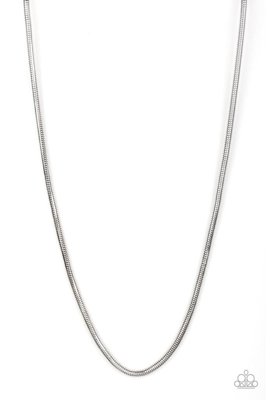 Paparazzi Accessories Victory Lap - Silver Brushed in a high-sheen shimmer, a rounded silver snake chain drapes across the chest for a sleek look. Features an adjustable clasp closure. Jewelry